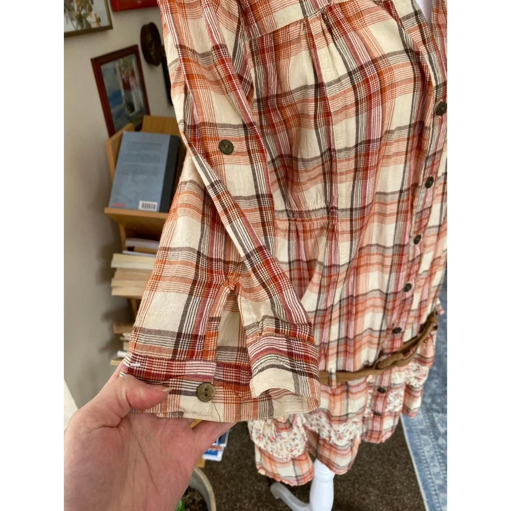 Y2K Plaid Floral Ruffle Belt Orange Mini Dress Cotton‎ Large Western Fem Cowgirl